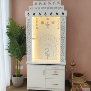 God Of Decor White Temple (Pooja Mandir) with Doors, LED Light,