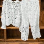 Premium White Geometric Lace Two-Piece Set - Oversized Shirt & High-Waist Flared Pants.
