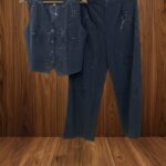 Exquisite Ivory Floral Lace Co-ord Set with Button-Down Shirt and Wide-Leg Trousers.