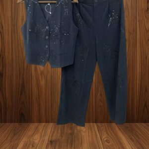 Exquisite Ivory Floral Lace Co-ord Set with Button-Down Shirt and Wide-Leg Trousers.