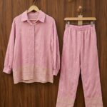 Rose Quartz Linen-Blend Co-ord Set with Geometric Ivory Embroidery.