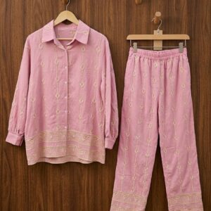 Rose Quartz Linen-Blend Co-ord Set with Geometric Ivory Embroidery.