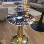 Luxury & Descriptive Midnight Galaxy Marble Top Accent Table with Fluted Gold Pedestal.