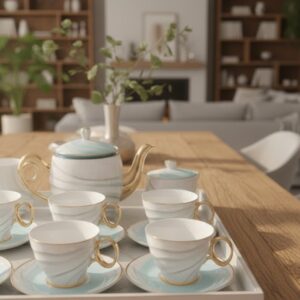 The Royal Turquoise Horizon Tea Ensemble – Premium Marble-Finish Ceramic with Elegant Curved Gold Handles"