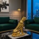 Royal Golden Leopard Statue – Premium Wild Animal Showpiece with Glittering Crystal.