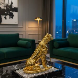 Royal Golden Leopard Statue – Premium Wild Animal Showpiece with Glittering Crystal.