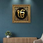 Premium Ek Onkar Wall Decor - 3D Metallic Gold Symbol on Black Background, Royal Golden Frame for Home and Office
