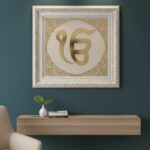 Luxury 3D Gold Embossed Ek Onkar Wall Art Frame – Premium White & Gold Ornate Religious Decor.