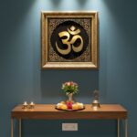 Premium Om Symbol Wall Decor–3D Metallic Gold on Deep Black Background, Royal Golden Frame for Home Mandir & Office