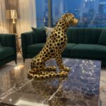 Premium Golden Leopard Statue–Handcrafted High-Gloss Metallic Cheetah Figurine with Unique Black Circular Design–Designer Tabletop Animal Sculpture for Executive Office and Luxury Living Room