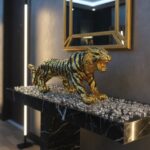 Majestic Golden Lion King Statue with Royal Crown - Premium Resin Sculpture for Office.