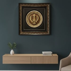 Luxury 3D Khanda Sahib Antique Gold Medallion Wall Frame – Royal Sikh Spiritual Decor
