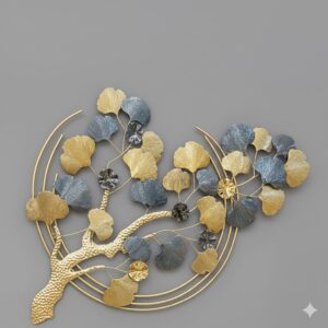Premium Handcrafted Golden & Silver Ginkgo Leaf Metal Wall Art, 3D Nature-Inspired Tree Branch Sculpture for Modern Living Room, Office & Home Decor (Antique Gold Finish)