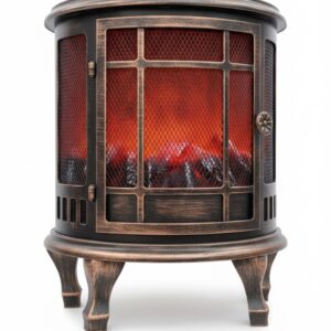 Antique Bronze Curved LED Fireplace Stove – Vintage Electric Lantern with Realistic Moving Flame Effect and Mesh Screen