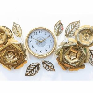 Luxury Golden Floral Metal Wall Clock with Decorative Roses .