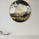 The Eternal Noor: Golden Arabic Calligraphy on Monochrome Marble Effect - Large Round Wall Piece.