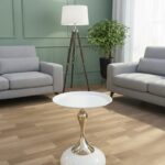 LuxeTulip™ Pearl White Designer Pedestal Coffee Table – Glossy White Finish with Polished Gold Stem & Stable Weighted Base