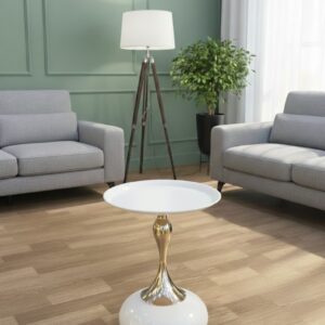 LuxeTulip™ Pearl White Designer Pedestal Coffee Table – Glossy White Finish with Polished Gold Stem & Stable Weighted Base