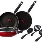 Butterfly Rapid Non Stick 7 Pcs Set | Kadai with Glass Lid | Tawa | Fry Pan | 3 Spatula | Induction Base| PFOA Free | Scratch Resistant | for Curry, Dal, Rice, Roti/Dosa | Red