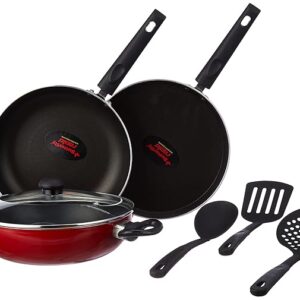 Butterfly Rapid Non Stick 7 Pcs Set | Kadai with Glass Lid | Tawa | Fry Pan | 3 Spatula | Induction Base| PFOA Free | Scratch Resistant | for Curry, Dal, Rice, Roti/Dosa | Red