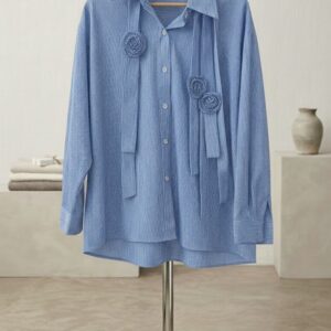 Women’s Premium Blue & White Striped Oversized Shirt featuring Hand-Crafted Rosette Embellishments and Classic Collar.
