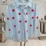 Sky Blue Heart Embroidered Long Sleeve Casual Shirt for Women.