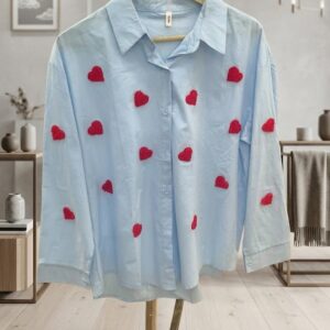 Sky Blue Heart Embroidered Long Sleeve Casual Shirt for Women.