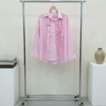 Designer-Inspired Pastel Pink Striped Statement Shirt with Triple Rosette Accents and Long Sleeves.