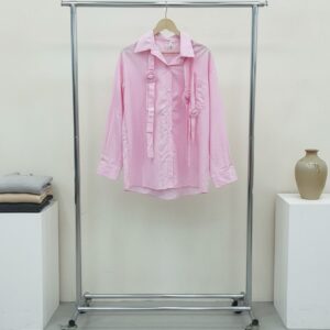 Designer-Inspired Pastel Pink Striped Statement Shirt with Triple Rosette Accents and Long Sleeves.