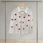 Classic White Cotton Shirt with Contrast Red Heart Embroidery.