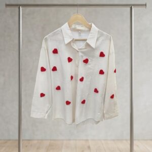 Classic White Cotton Shirt with Contrast Red Heart Embroidery.