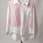 Women’s Premium Red and White Striped Patchwork Shirt with Asymmetric High-Low Hem and Front Pocket Detail