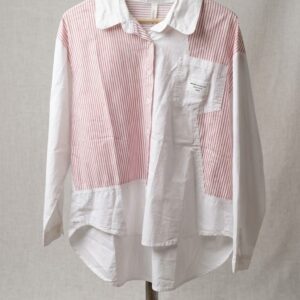 Women’s Premium Red and White Striped Patchwork Shirt with Asymmetric High-Low Hem and Front Pocket Detail