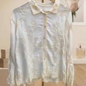 Women's White Long Sleeve Floral Embroidered Shirt with Scallop Edge