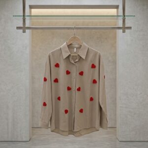 Warm Beige Heart-Embroidered Oversized Casual Shirt for Women.