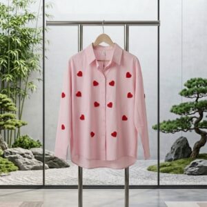 Baby Pink Heart-Embroidered Long Sleeve Oversized Shirt for Women.