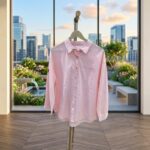 Baby Pink Heart-Embroidered Long Sleeve Oversized Shirt for Women.