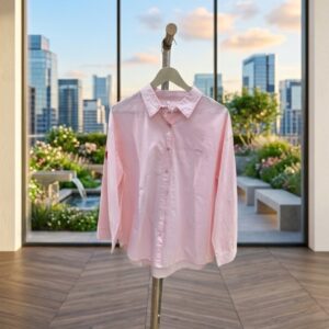 Baby Pink Heart-Embroidered Long Sleeve Oversized Shirt for Women.