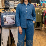 Co-ord Set: Soft-Wash Button-Down Shirt with Embroidered Geometric Motif Wide-Leg Trousers"