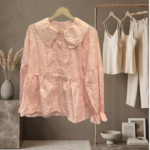 Premium Floral Embroidered Peplum Top with Oversized Lace Peter Pan Collar - Pastel Pink