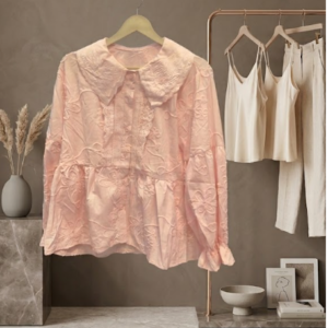 Premium Floral Embroidered Peplum Top with Oversized Lace Peter Pan Collar - Pastel Pink