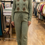 Sophisticated Sage Green Linen-Blend Co-ord Set: Hand-Detailed Floral Diamond Embroidery Button-Down Shirt and Relaxed Straight-Fit Trousers"