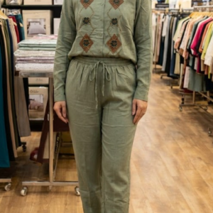 Sophisticated Sage Green Linen-Blend Co-ord Set: Hand-Detailed Floral Diamond Embroidery Button-Down Shirt and Relaxed Straight-Fit Trousers"