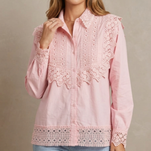 Designer Women’s Pastel Pink Lace Insert Button-Down Shirt - Boutique Collection