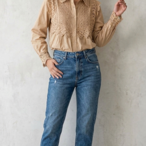 Designer Women’s Tan Lace-Panelled Button-Down Shirt - Chic Boutique Collection