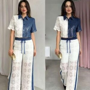 Premium Cotton Lace and Indigo Denim Fusion Two-Piece Co-ord Set with Cropped