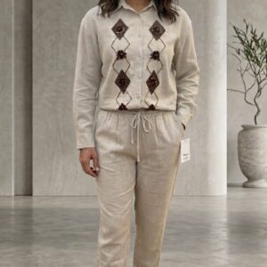 Elegant Beige Linen-Blend Co-ord Set: Hand-Embroidered Diamond Motif Button-Down Shirt with Matching Drawstring Trousers"