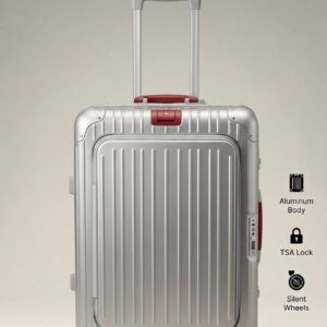 PREMIUM ALUMINUM BODY CABIN SUITCASE WITH FRONT POCKET,TSA LOCK& SILENT SPINNER WHEELS SILVER.